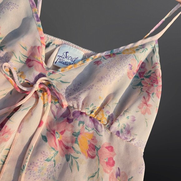 Vintage 80s Pink Floral Babydoll Lingerie Top Camisole Size L Split Front Fairy - Picture 4 of 7